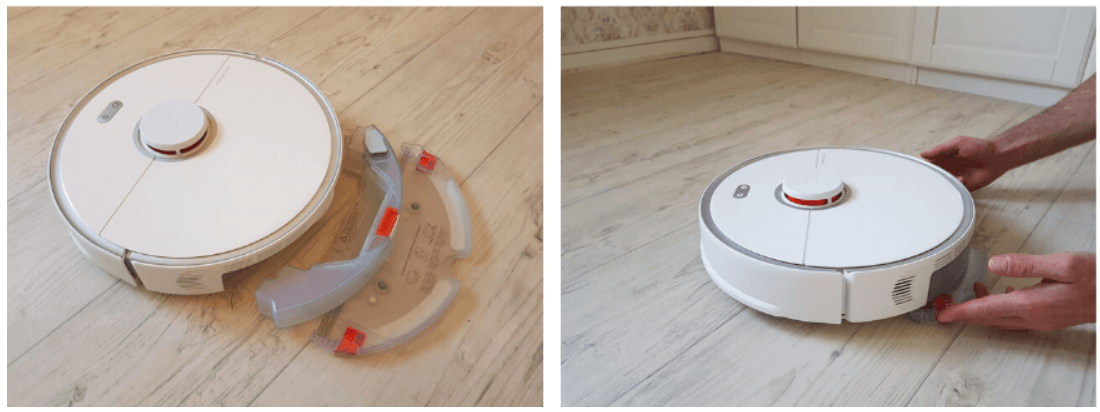 Attaching the water tank and wiping plate to the robot vacuum from behind.